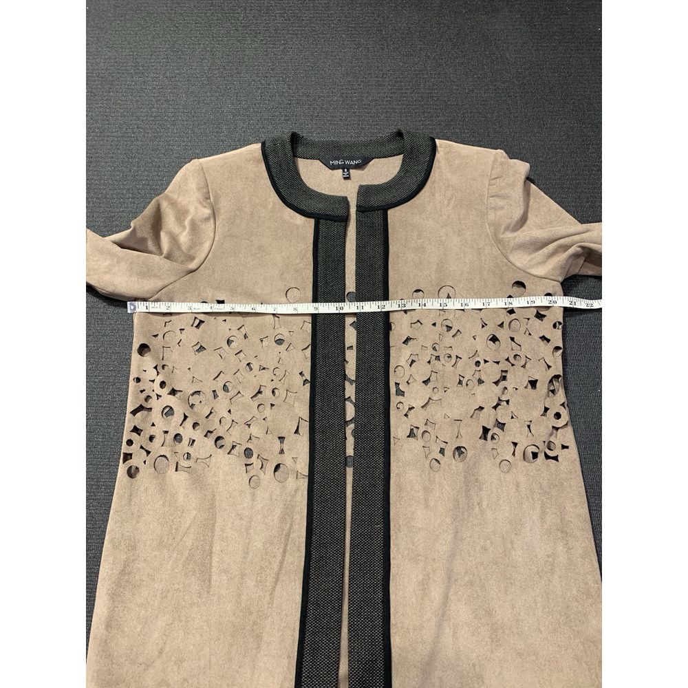 Ming Wang Size Small Heritage Laser Cut Faux Suede Open Jacket Tan Black‎ - Picture 3 of 6